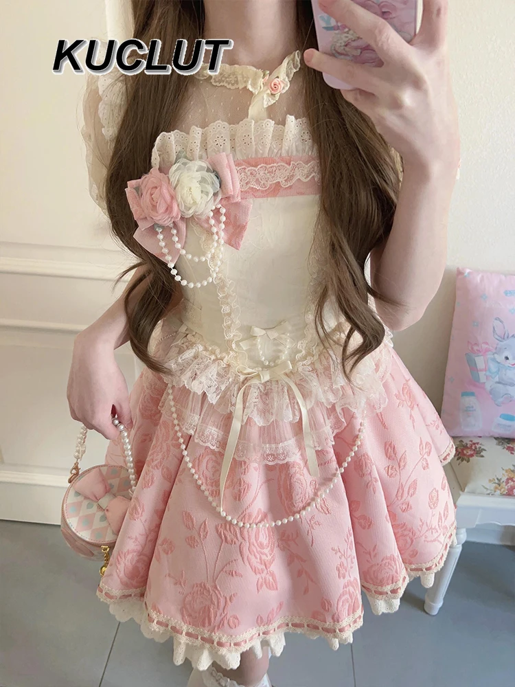 Jsk – robe Lolita en Jacquard pour femmes, douce et mignonne, courte et moelleuse, rose, robe de princesse élégante, nouvelle collection été 2025