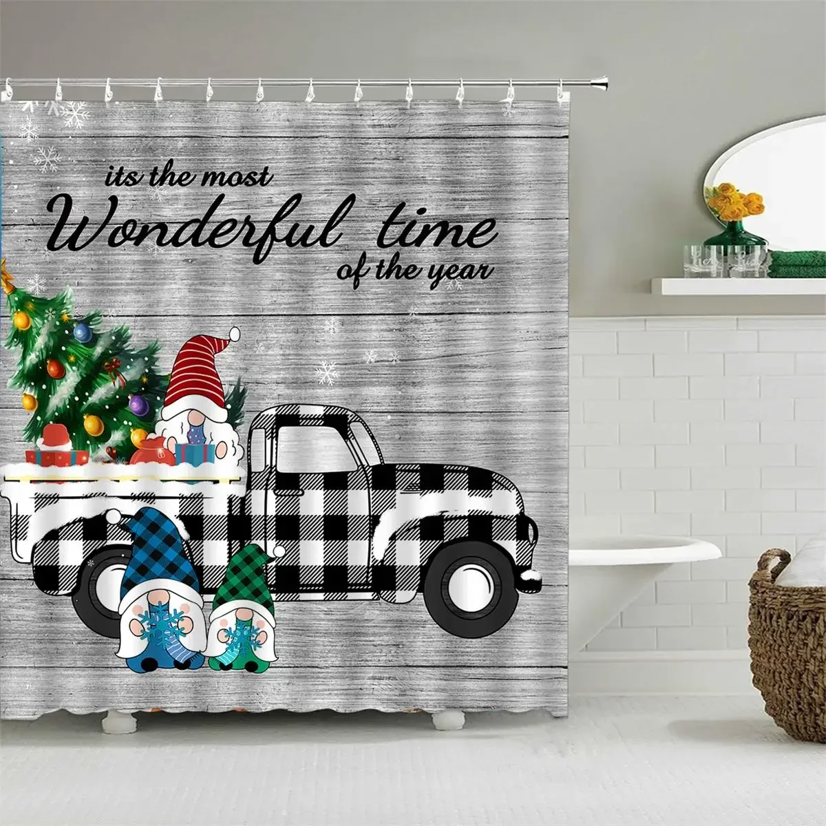 Christmas Shower Curtain, Winter Holiday Santa Gnomes Red Truck Plaid Farm Christmas Tree Planks Snowflake Bathroom Decorations