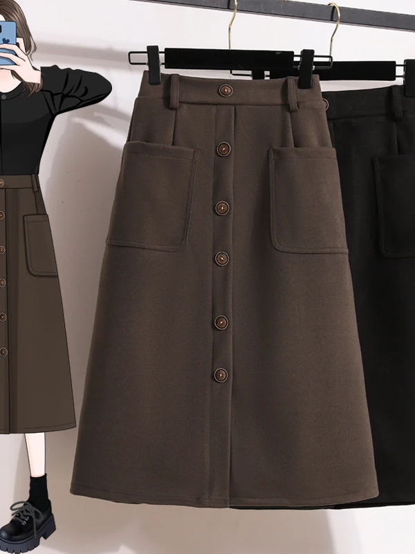 Authentic Thickened Woolen Half Skirt with Elastic Waist Simple Base Layer Skirt for plus Size Women Autumn New Style Casual ...