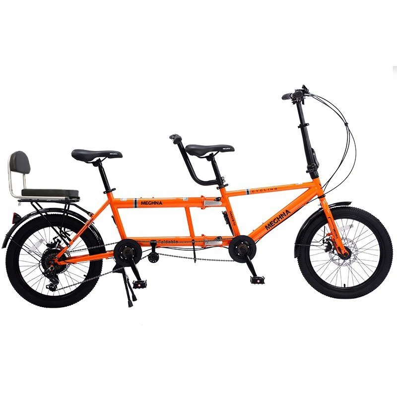 Two Person Folding Bicycle for Adults and Children, Two Person Riding, Three Seat, Family Car, 20 in, Tourism