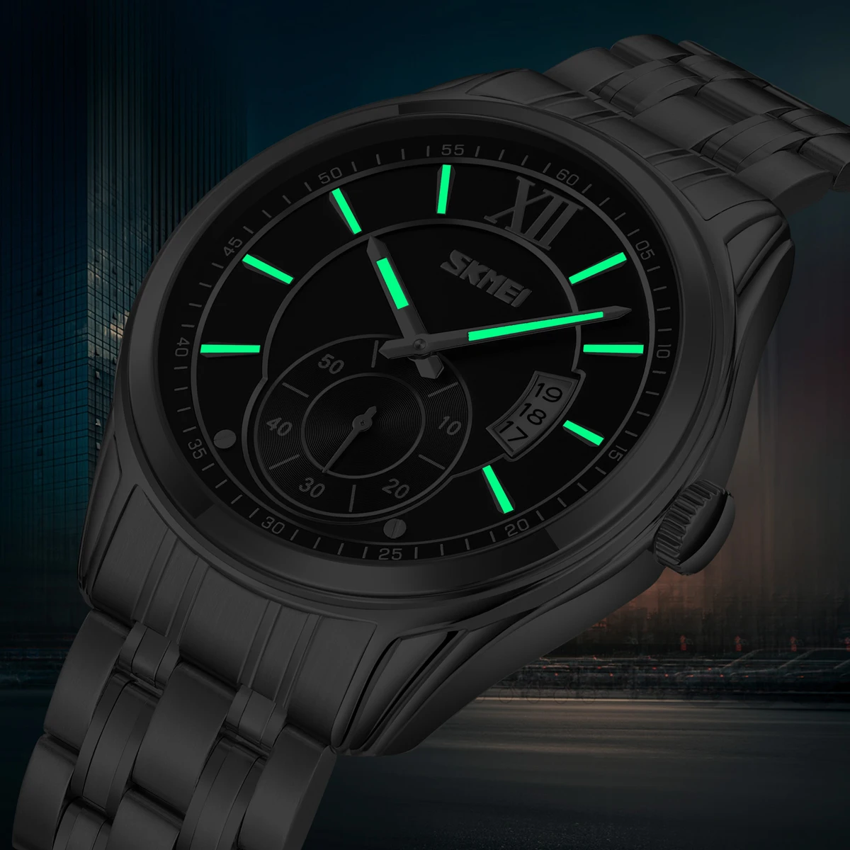 SKMEI موضة الرجال كامل الصلب القمر المرحلة ساعات كوارتز رجالي ذكر تاريخ غير رسمي مقاوم للماء مضيئة الأيدي ساعة اليد للرجال #2
