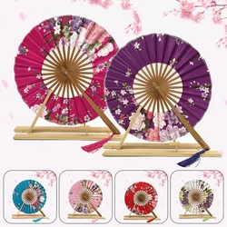 New Japanese Style Sakura Flower Pocket Folding Hand Fan Round Circle Wedding Party Decor Gift Bamboo Windmill Fan Home Decor