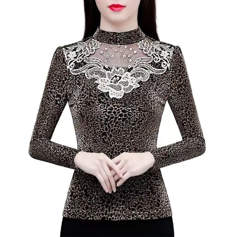 Autumn Winter Women's Mesh Spliced Thick Leopard Tops Female Clothing Long Sleeve Vintage Warm Slim Half High Collar T-shirt