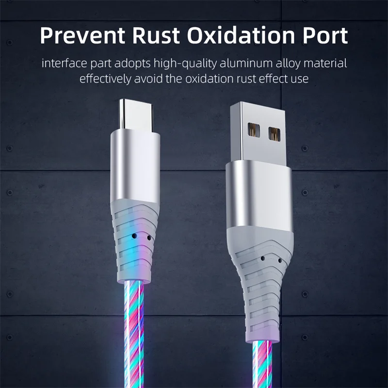 3A تدفق مضيئة USB C كابل LED كابل مايكرو USB نوع C شاحن سلك الحبل شحن سريع لسامسونج آيفون 13 12 برو شاومي