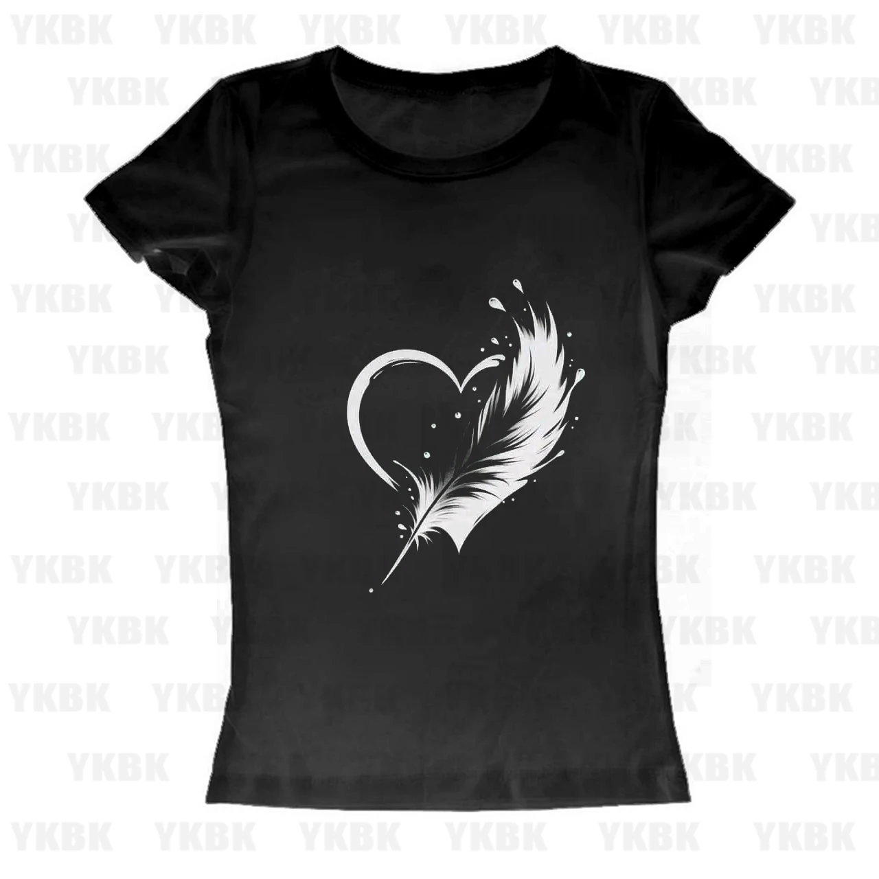 Minimal Ink Splash Feather Heart Graphic Women Tee Romantic Abstract Love Art Print Black White Soft Cotton Short Sleeve Daily