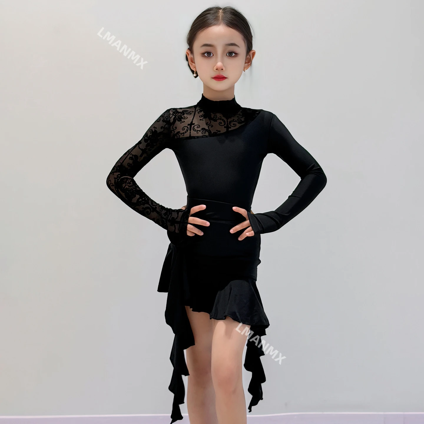 

Latin Dance Dress for Girls 2025 New Autumn/Winter Black Long Sleeve Latin Practice Dress Performance Dress Set