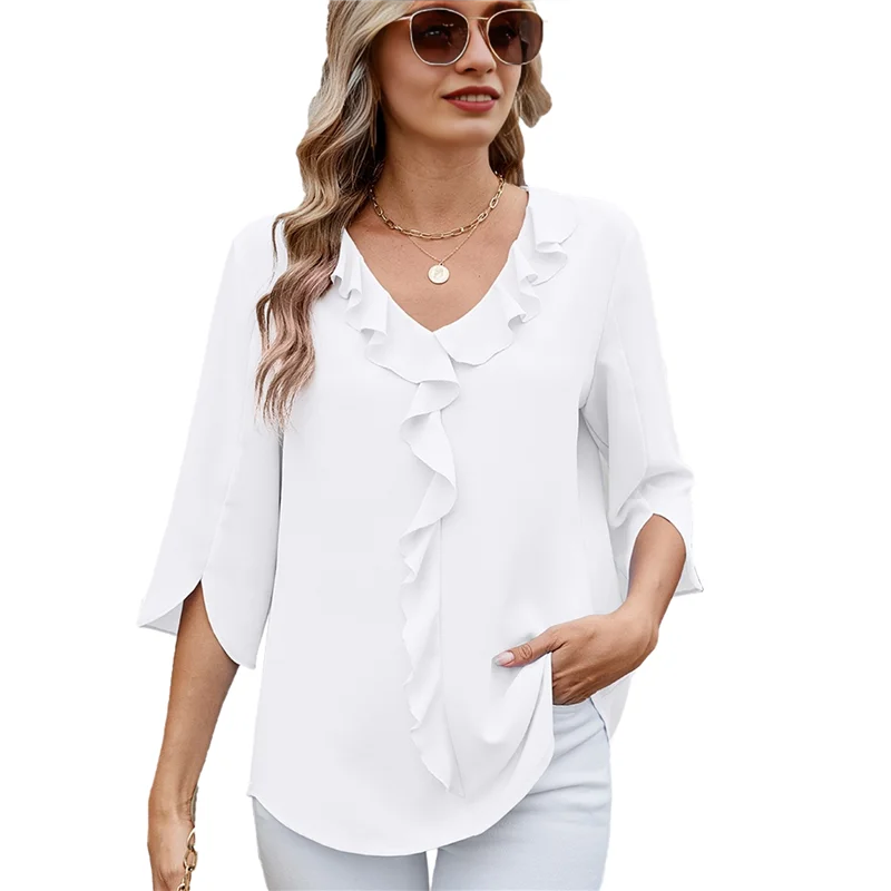 

AOAO-Womens Dressy Casual Blouses 3/4 Sleeve V Neck Ruffle Tops Business Ladies Summer 2025 Trendy Work Shirt