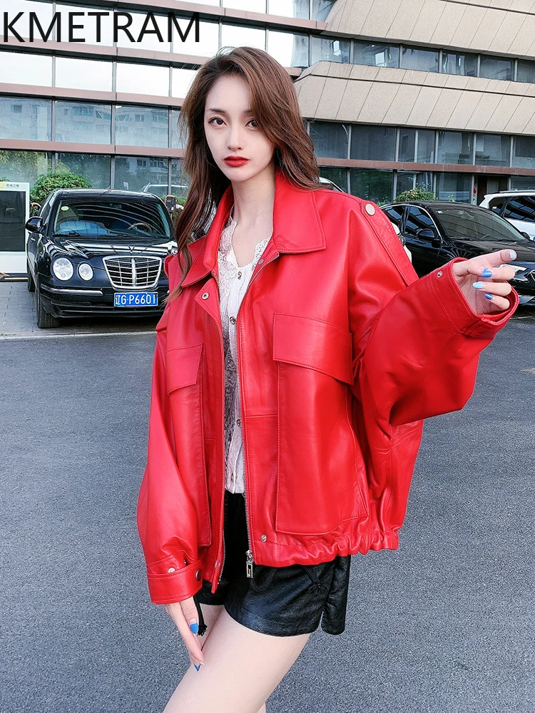 100 % obere Schicht aus Schaffelljacke für Damen, Fledermausärmel, echte Lederjacken für Damen, lose Mäntel, Herbstkleidung, 2025 Pinterбка