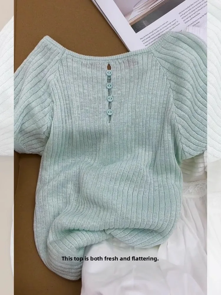 

Mango Green Women's Summer Thin Short Sleeve T-Shirt Button Back Hollow out Sweet Style Japanese Style Knitted Slim Fit Top