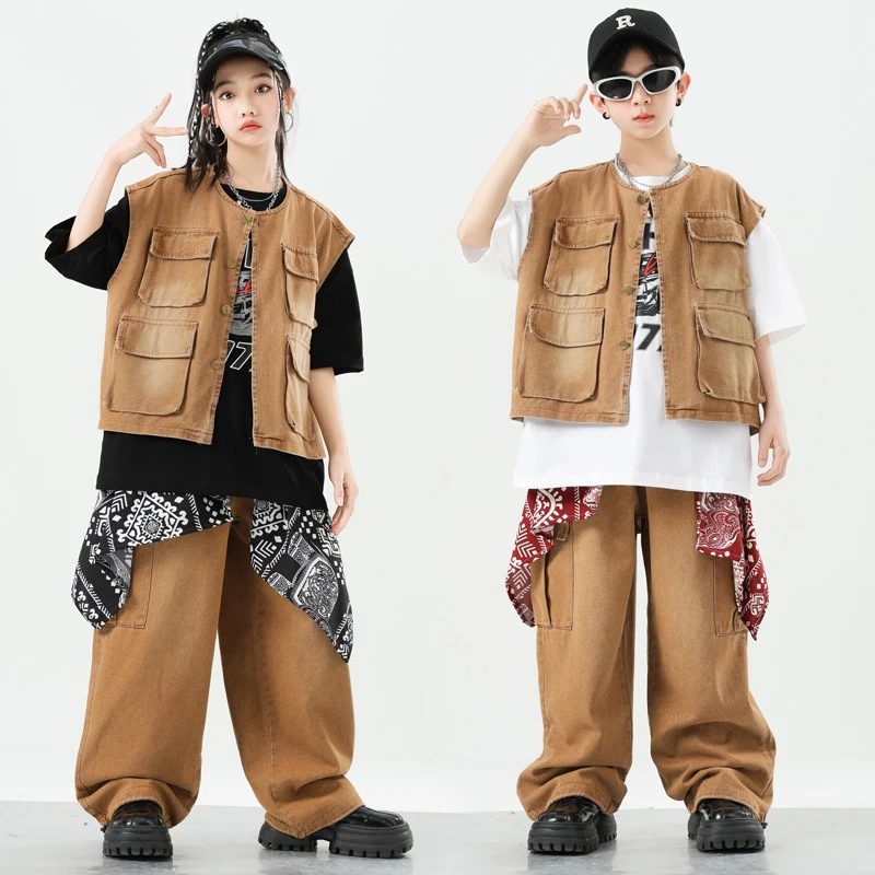 

Kids Handsome Hip Hop Dance Costume Khaki Denim Vest Pants Short Sleeves Baggy Clothing Boys Girls Drum Show Outfits BL15538