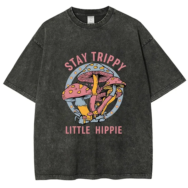 Stay Trippy Little Hippie Letter Mushroom Pattern Fashionable Cotton Round Neck Short Sleeved Men'S Retro Printed Washed T-Shirt