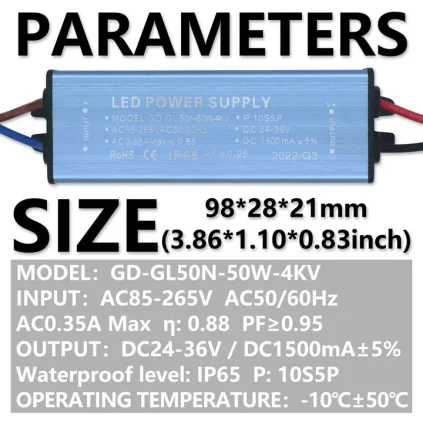IP65 50W 1500mA LED Driver  Waterproof Adapter Transformer AC85V-265V to DC24-36V High Quality Switch Power Supply
