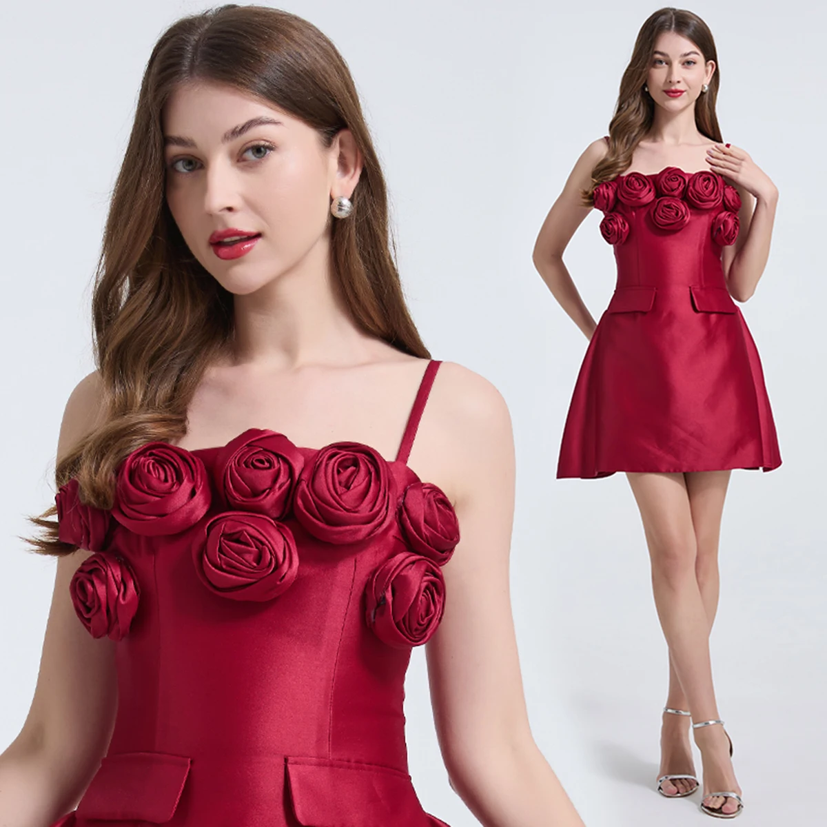 Robe d'été amincissante à fleurs tridimensionnelles, Design français, fait à la main, bretelles élégantes, jupe trapèze, mi-longue, industrie lourde