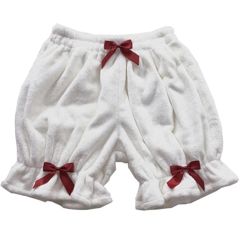 Women Plush Velvet Lolita Bloomers Ruffle Bow Loose Pumpkin Pants Thermal Shorts