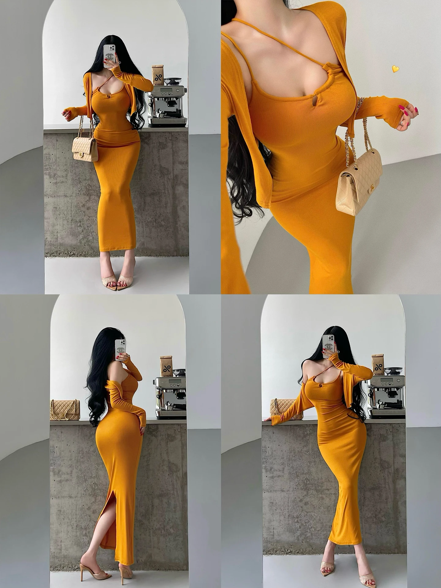 Sexy Long Sleeve Asymmetric Design High Waist Dress with Back Split And Cardigan Set for Young Girls Pure Desire Fashionable ...