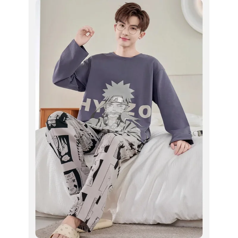 Naruto autumn pure cotton cartoon long two-piece set silk pajamas men's pajamas pants set men's pajamas loungewear