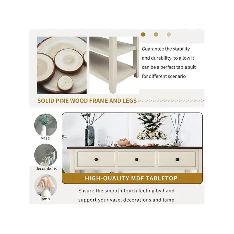 

Retro Console Table, Pine Solid Wood Frame, 2 Open Shelves, Espresso Beige Finish for Living Room Storage