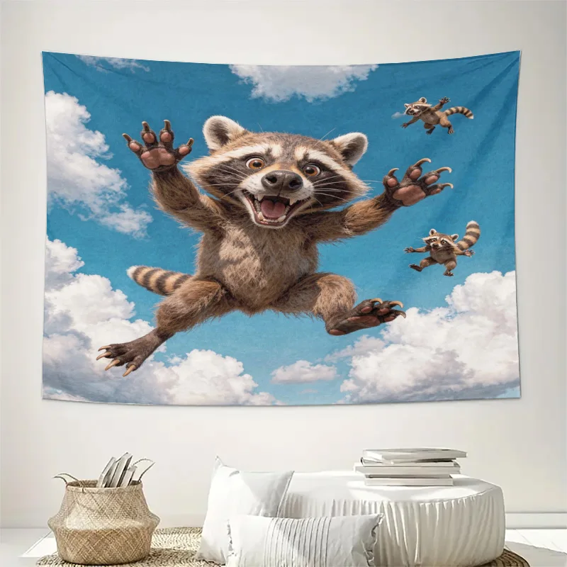Cute Raccoon Family Flying Wall Tapestry Blue Sky Animal Art Decor Jungle Nursery Room Throw Blanket Home Wallpaper Print Bohemi