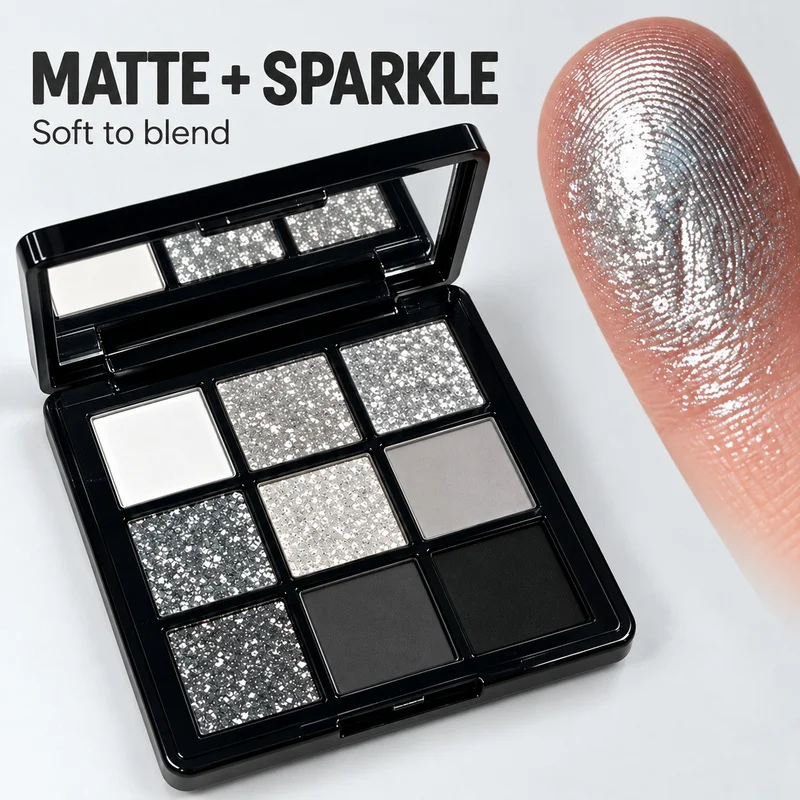 ErshiQi 9 Colors Smoky Silver Eyeshadow Palette Black Grey Glitter Shimmer Matte Eye Shadow High Pigment Blendable Makeup Looks gallery 2