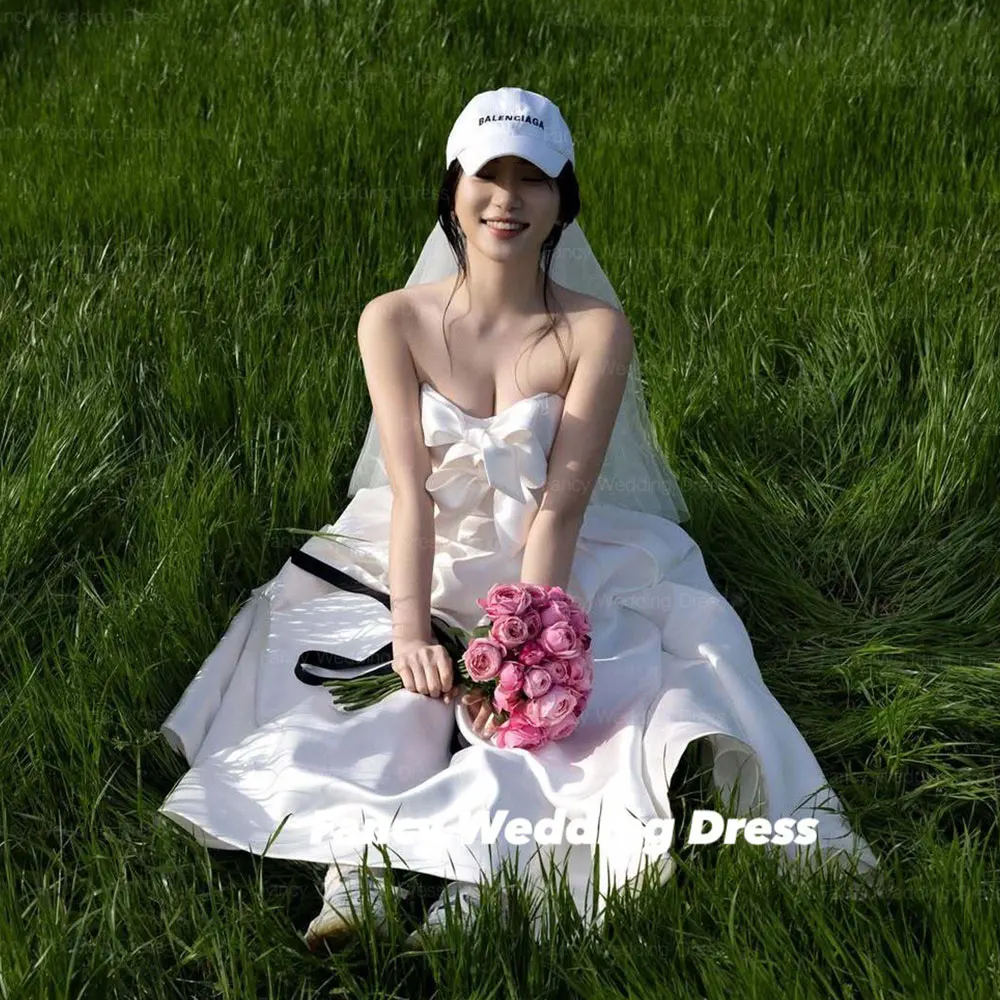 

Fancy Simple Bow Korea Princess Wedding Dress A Line Soft Satin Bridal Gown Floor Length Back Corset Formal Dresses Customized