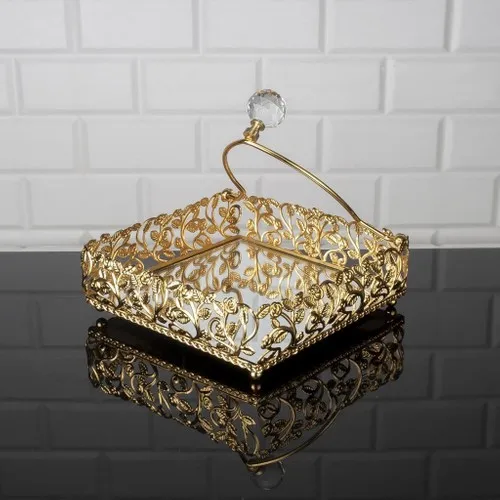 Evvehediyelikeşya Gold Tarnish Mirrored Leaf Pattern Cubic Zirconia Metal Napkin Holder 20 cm