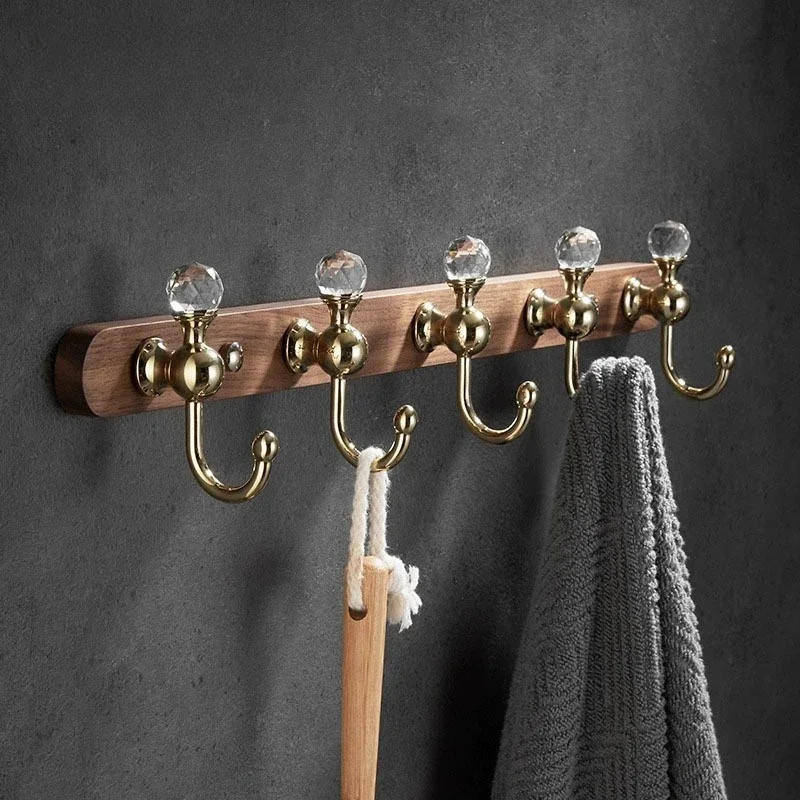 Luxury Walnut Solid Wood Entryway Console with Crystal Gold Coat Hooks Back-Wall Mounted Long Row of Black Coat Hooks