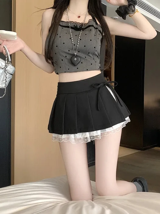 Pure Desire Spicy Girl Lace Patchwork Pleated  Skirt Women Summer Grey  Knot Slit A-Line Ultra Short Skirt Pants