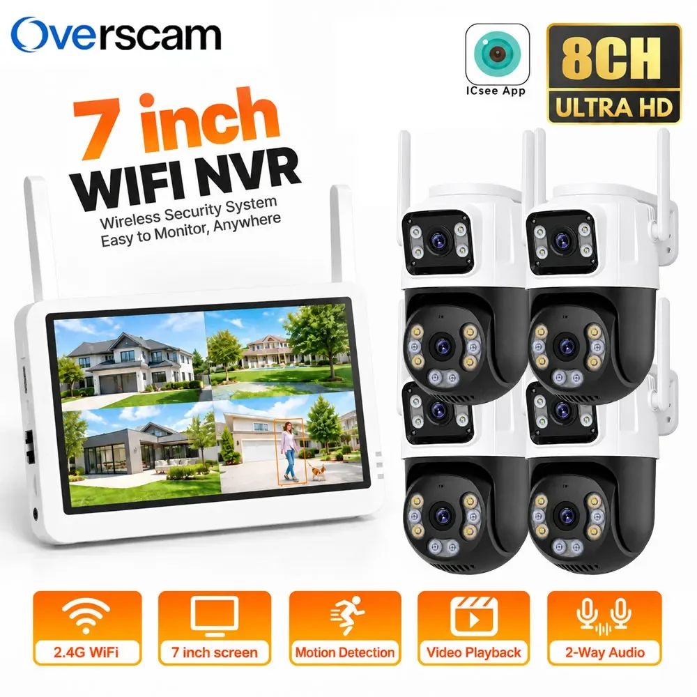Sistema di telecamere CCTV con app ICsee wireless, 8 canali, 5MP, NVR WiFi, 4 telecamere di sicurezza PTZ a doppia lente 8MP 4K, kit registratore con schermo LCD da 7 pollici, 355 ° Pentola 90 °
