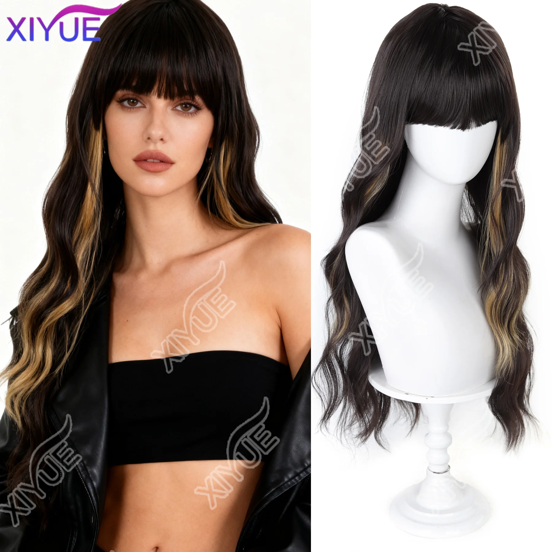 

XIYUE Синтетические темно-коричневые парики с челкой, коричневый мелированный длинный волнистый парик для женщин, длинный вьющийся парик для вечеринки, ежедневного использования