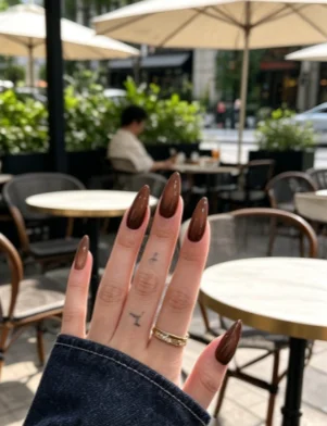 

Medium Almond Press On Nails Translucent Coffee Brown Gradient Solid Glossy Plain Reusable False Nails Meila Retro Autumn Winter Daily Office Coffee Manicure For Women