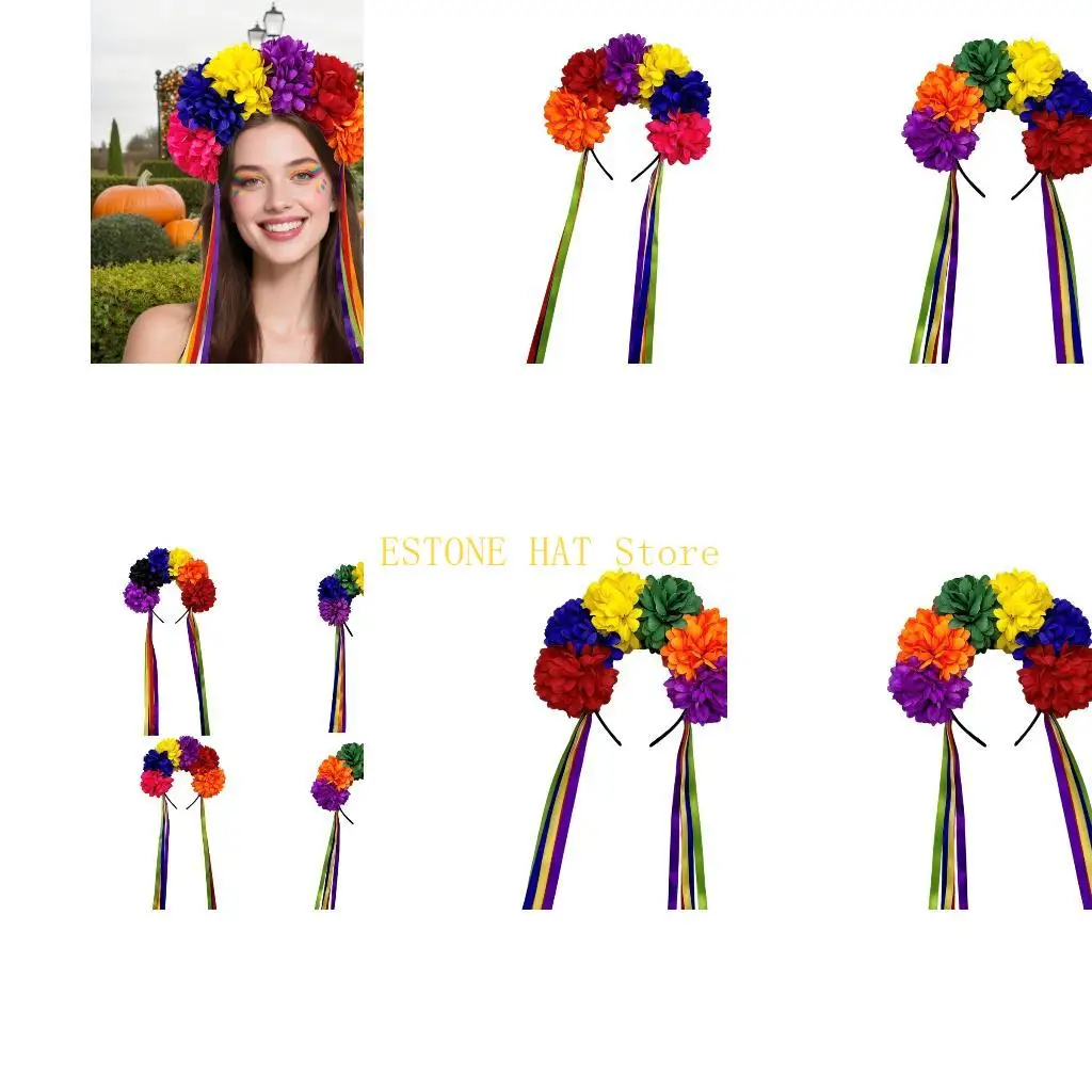

49MF Handmade Rose Rainbow Costume Tassels Halloween Party Role Play Headbands