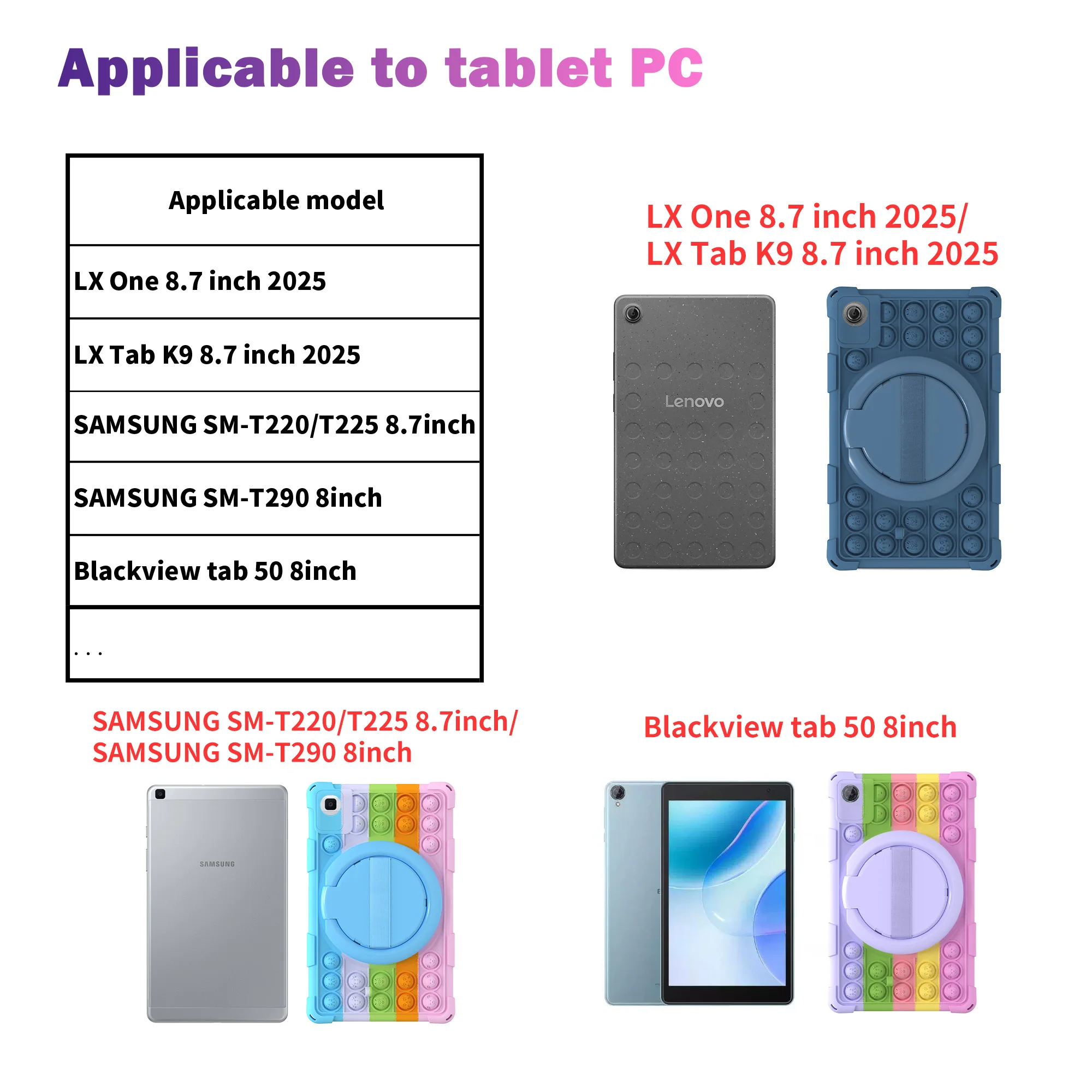 Etui dla dzieci na tablet Lenovo Tab One 8.7 cala TB305ZU TB305FU K9 8.7 cala 2025, silikonowe etui z podstawką, wzór bąbelków, z paskiem na ramię i piórem — zdjęcie produktu 6