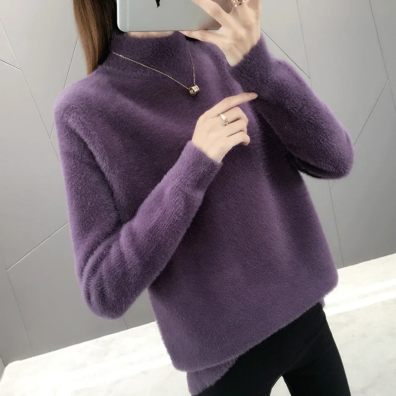 2024 Autumn And Winter New Semi High Neck Imitation Mink Fur Pullover Base Ins Super Hot Sweater For Women