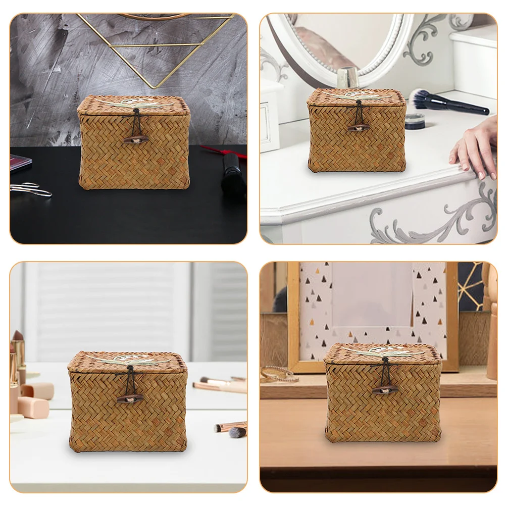 

Woven Lidded Box Hand Woven Storage Basket Large Capacity Elegant Pattern Design for Office Home Decor Multi Functional