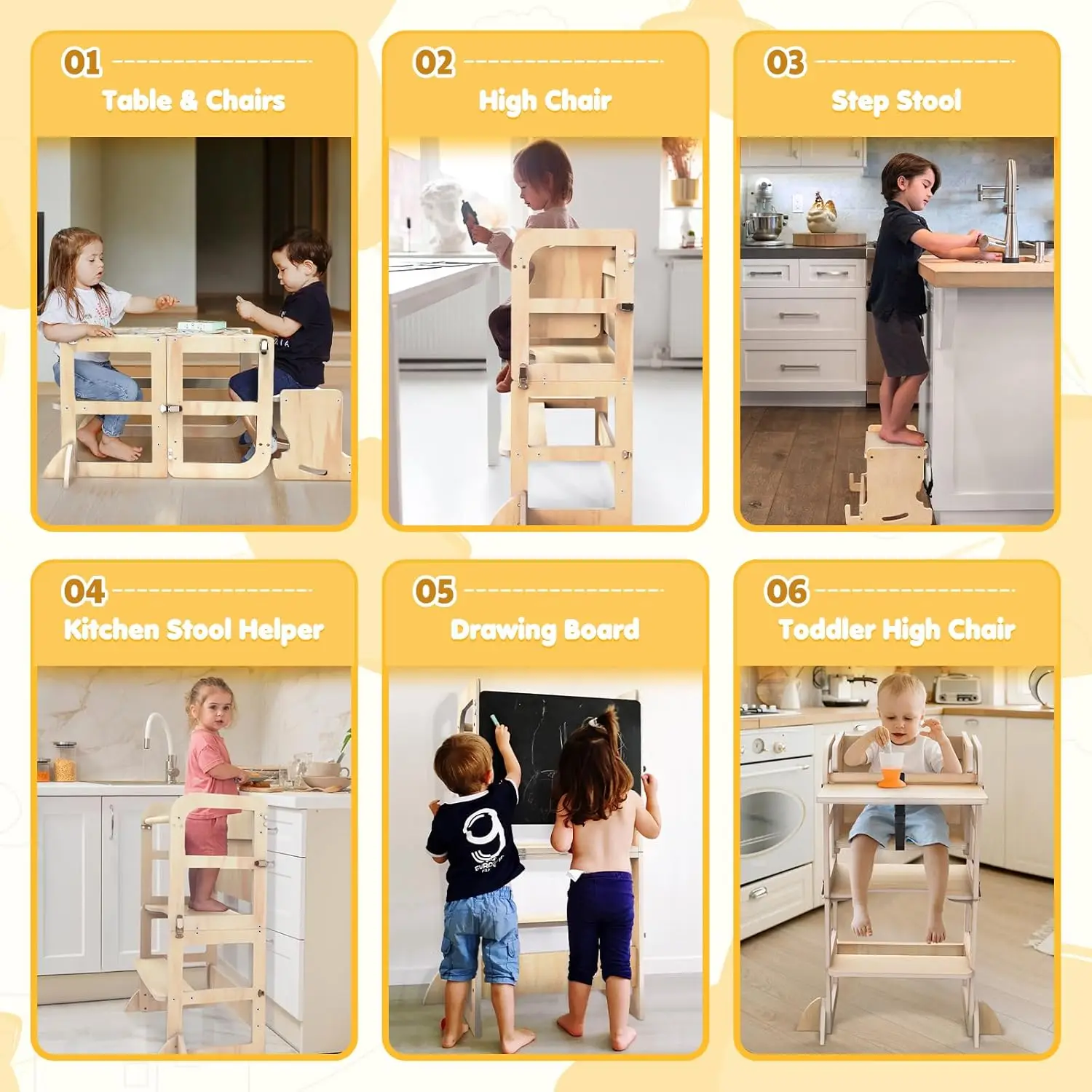 Kitchen Step Stool with Wooden Stool, Foldable Learning Standing Tower with Blackboard & Feeding Tray, Wooden Kitchen Stool Help