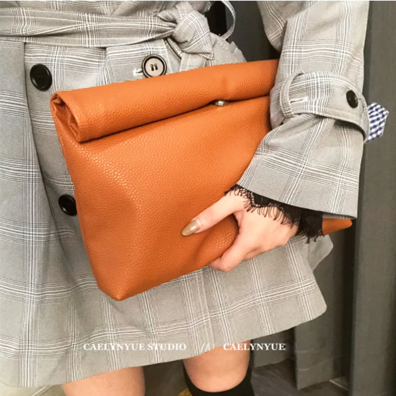 Orange Simple Soft PU Leather Rolled Edge Clutch Bag Women Handbag Retro Casual Makeup Women Bag Cip Bag