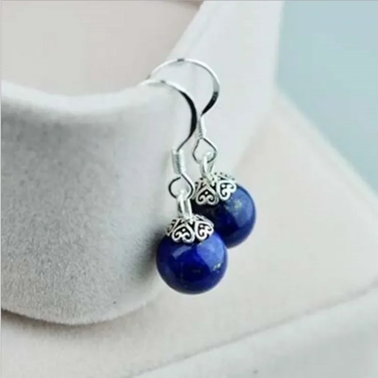 925 Silver Natural Lapis Lazuli 8mm Beads Earrings Original Simple Jade Pulp Bead Handmade Gift Women Fine  Stone Jewelry