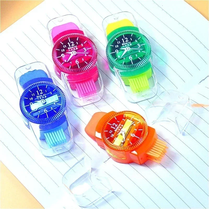 2PCS 3 in 1 Pencil Sharpener Wristwatch Modeling  with Eraser and Brush Lovely Kawaii School Stationery Supplies Random Color