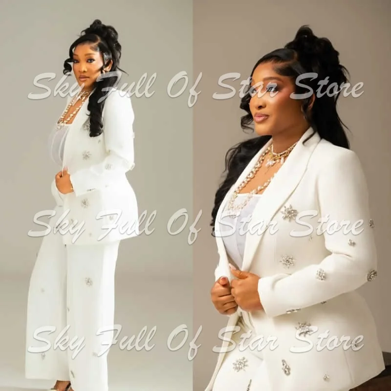 White Women Suit Set 2 Pcs Rhinestone Floral Decor Blazer+Wide Leg Pants Custom Formal Wedding Evening Party Lady Outfit
