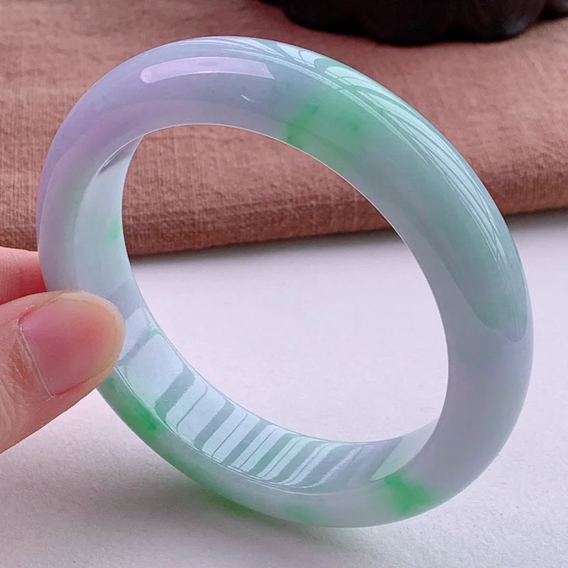 Natural Burmese A-grade genuine jadeite bracelet with ice- texture, floral patterns, and spring-like colors; a purple jadeit