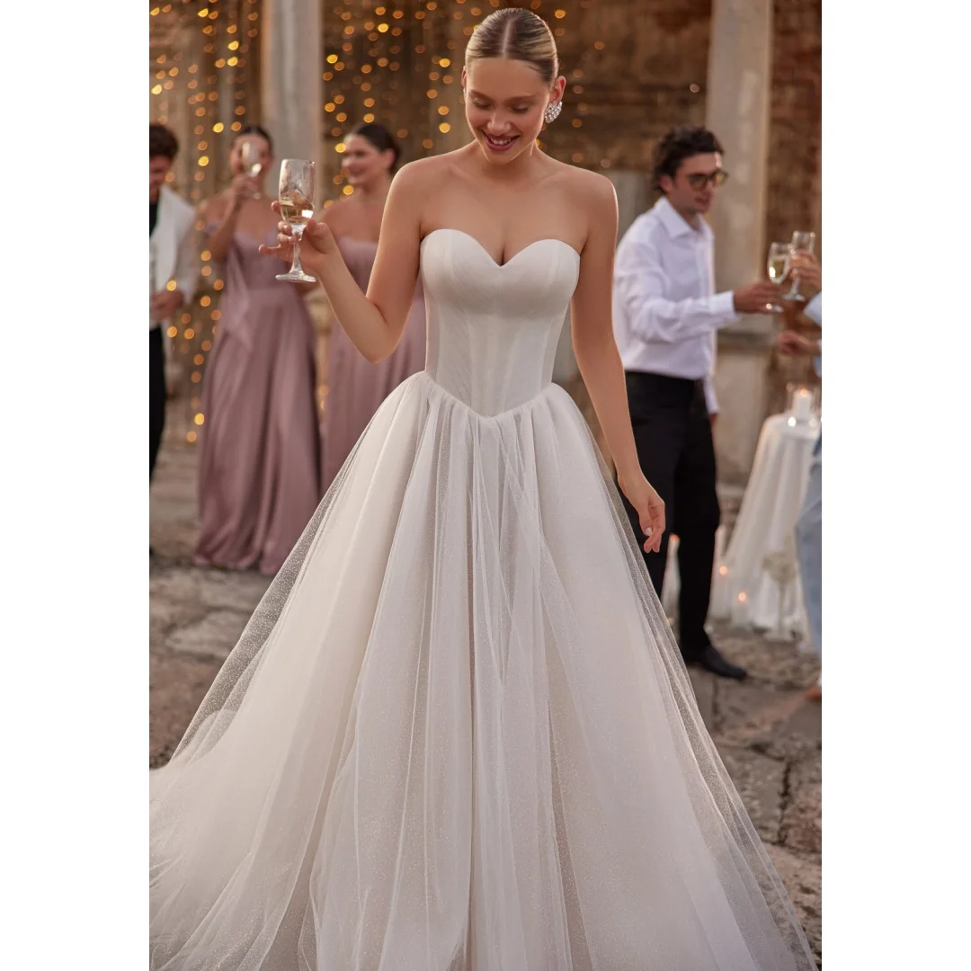 

Simple White Tulle Strapless Wedding Dresses Women Sweetheart Corset Pleats Adjustable Prom Dress Wedding Party Gowns Customized