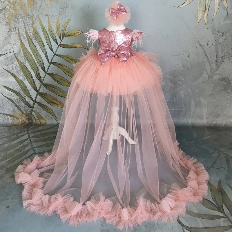 Vestidos de niña de flores naranjas, lentejuelas de tul con lazo y manga de plumas de cola para boda, fiesta de cumpleaños, vestido de primera comunión