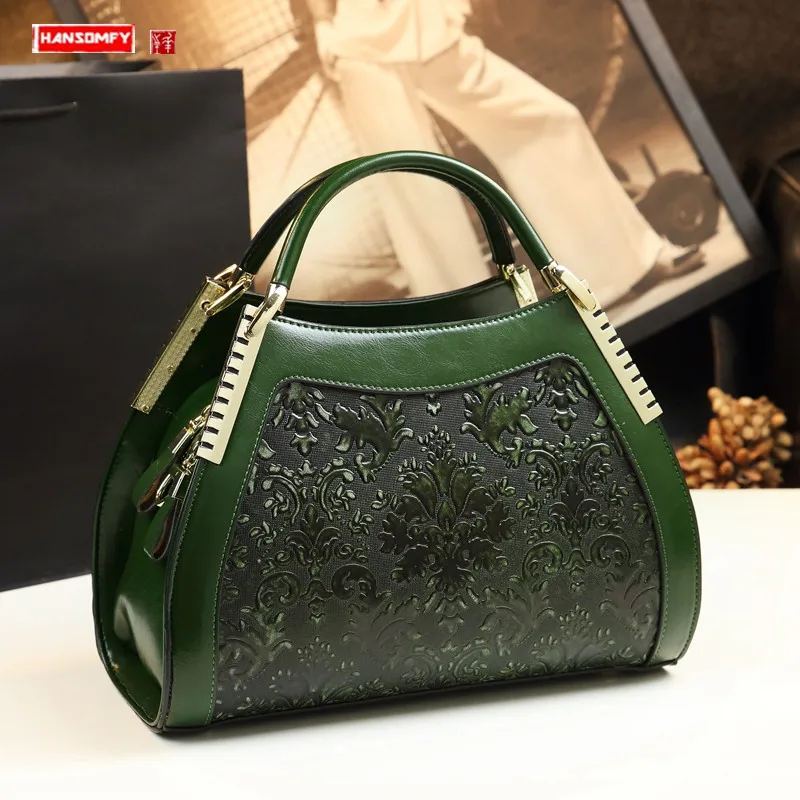 

2024 Fashion Cowhide leather women handbags female embossed flowers shoulder messenger dumplings bag ladies portable tote bags