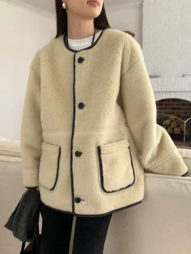 

Autumn Winter Double-Sided Wear Lamb Fur Inteated Warmth Outerwear Women Ele Single Button High-End Feeling Coat Trendy