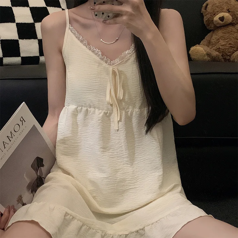 Solid Color Suspender Nightgown for Women in Summer High-end Cloud Cotton Sweet and Cute Home Clothes Camisones Para Dormir