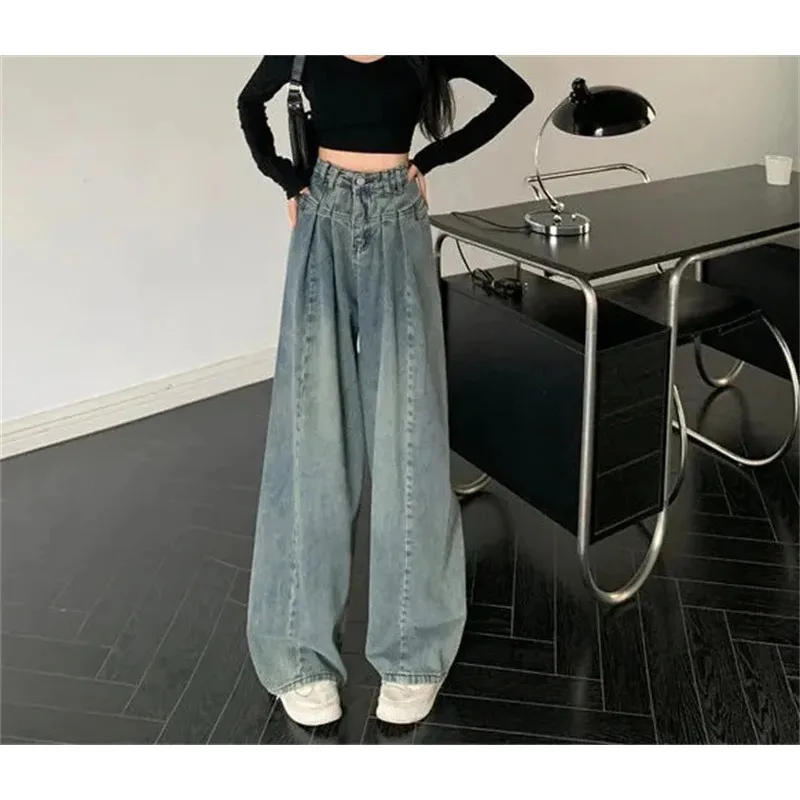 2024 New Spring Autumn Women's Trousers Korean Pleated Wide Leg Pants Casual Design High Waist Pantalones Vintage Baggy Jeans