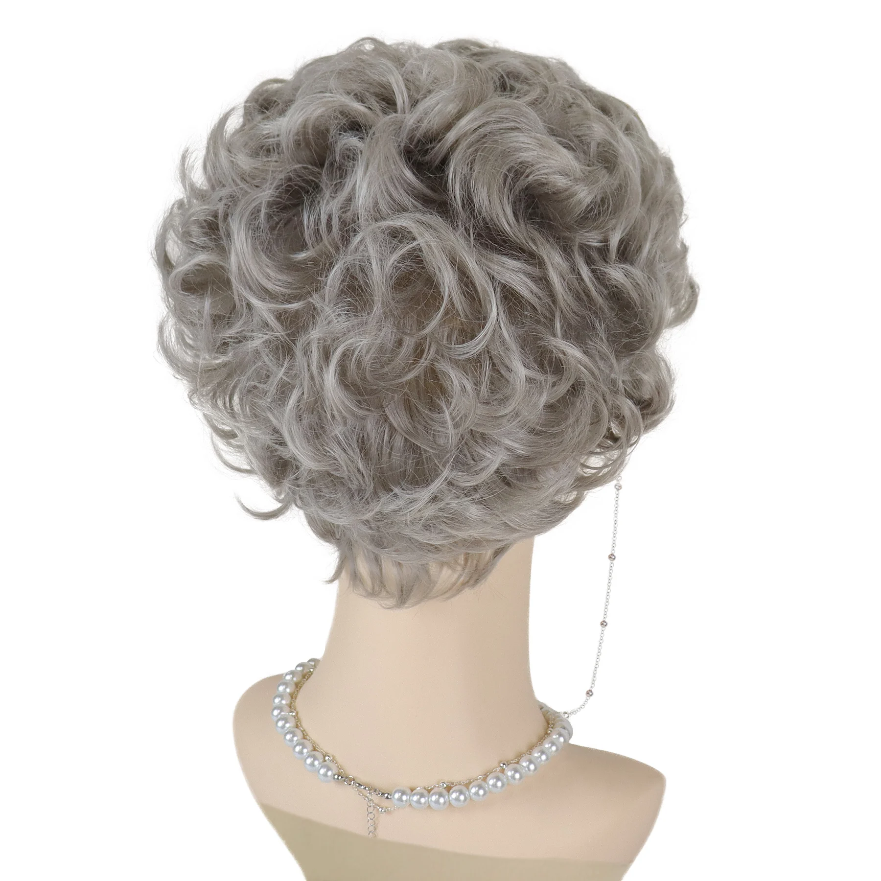 Peruki damskie w kolorze popielatego blondu, syntetyczne krótkie peruki z grzywką, kręcone peruki dla matki, starszej kobiety, kostiumu babci, peruki dla mamy z naszyjnikiem, szkłem.
