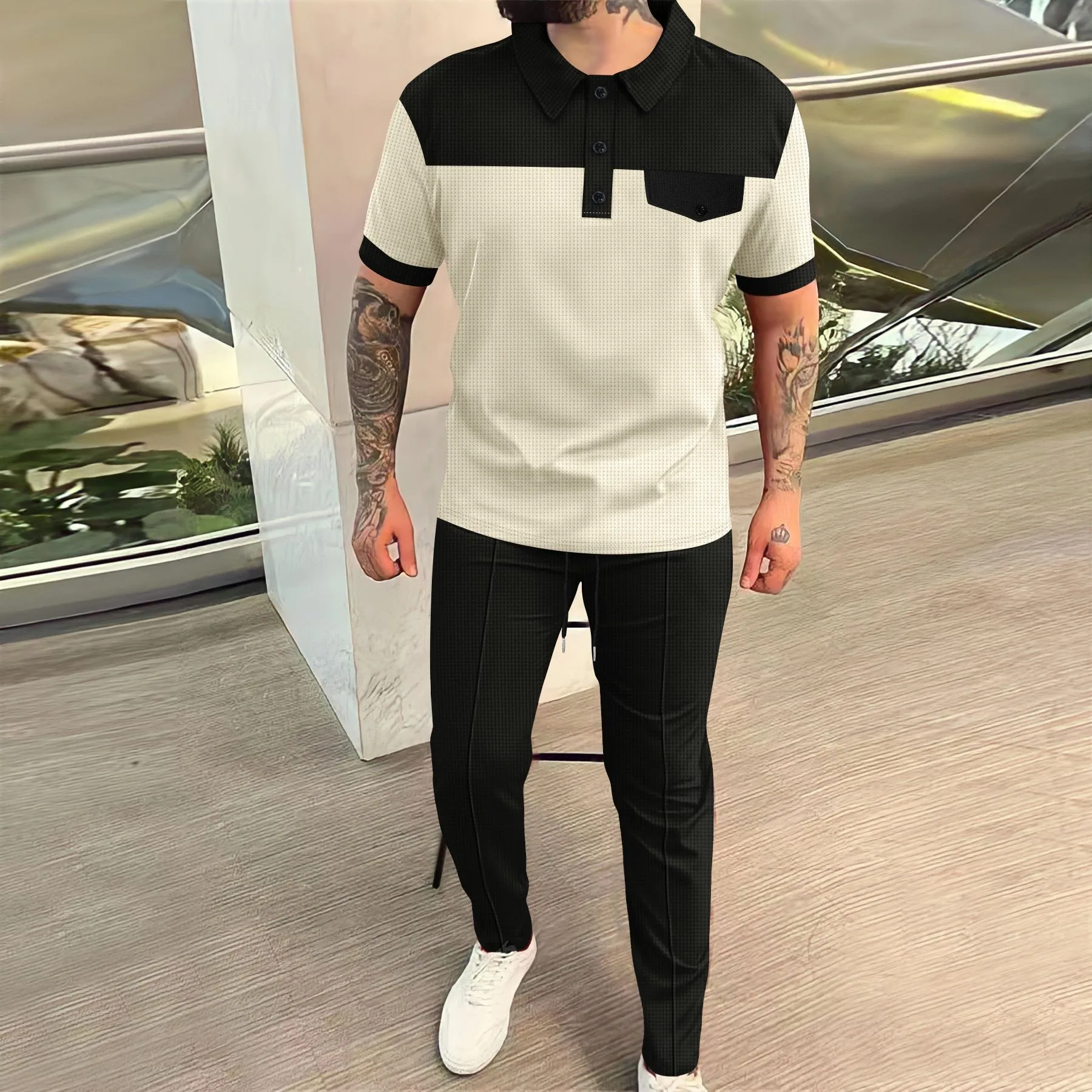 Men's Waffle Knit Color Block Splicing Lapel Chest Pocket Button Short Sleeve And Pants Set Comfortable Breathable Casual Suit