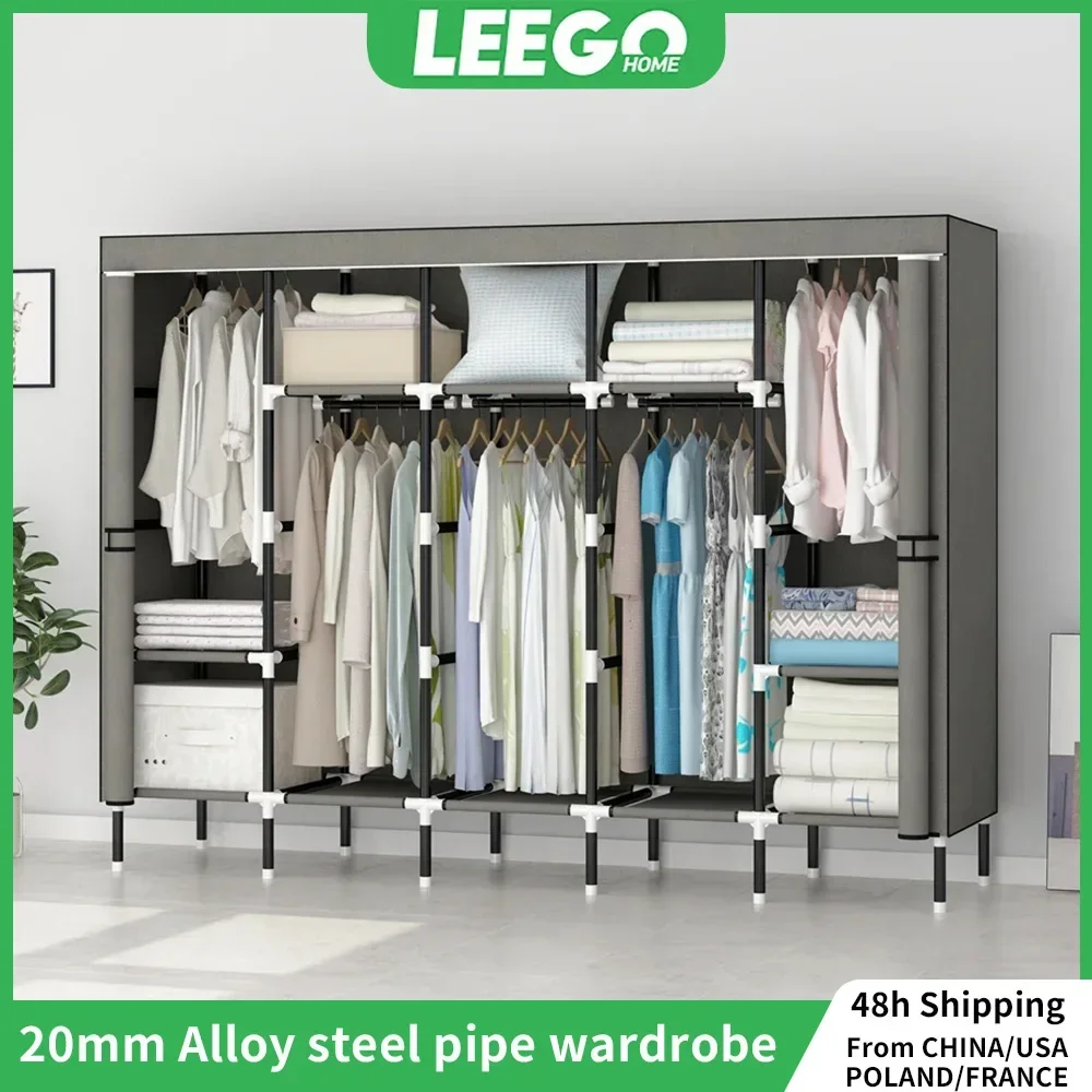 LEEGOHOME Closet Wardrobe 64in/80in Wardrobe Closet 20mm Fabric for Clothes Hanging with 8/10 Storage Shelves & 4/5 Hanging Rods