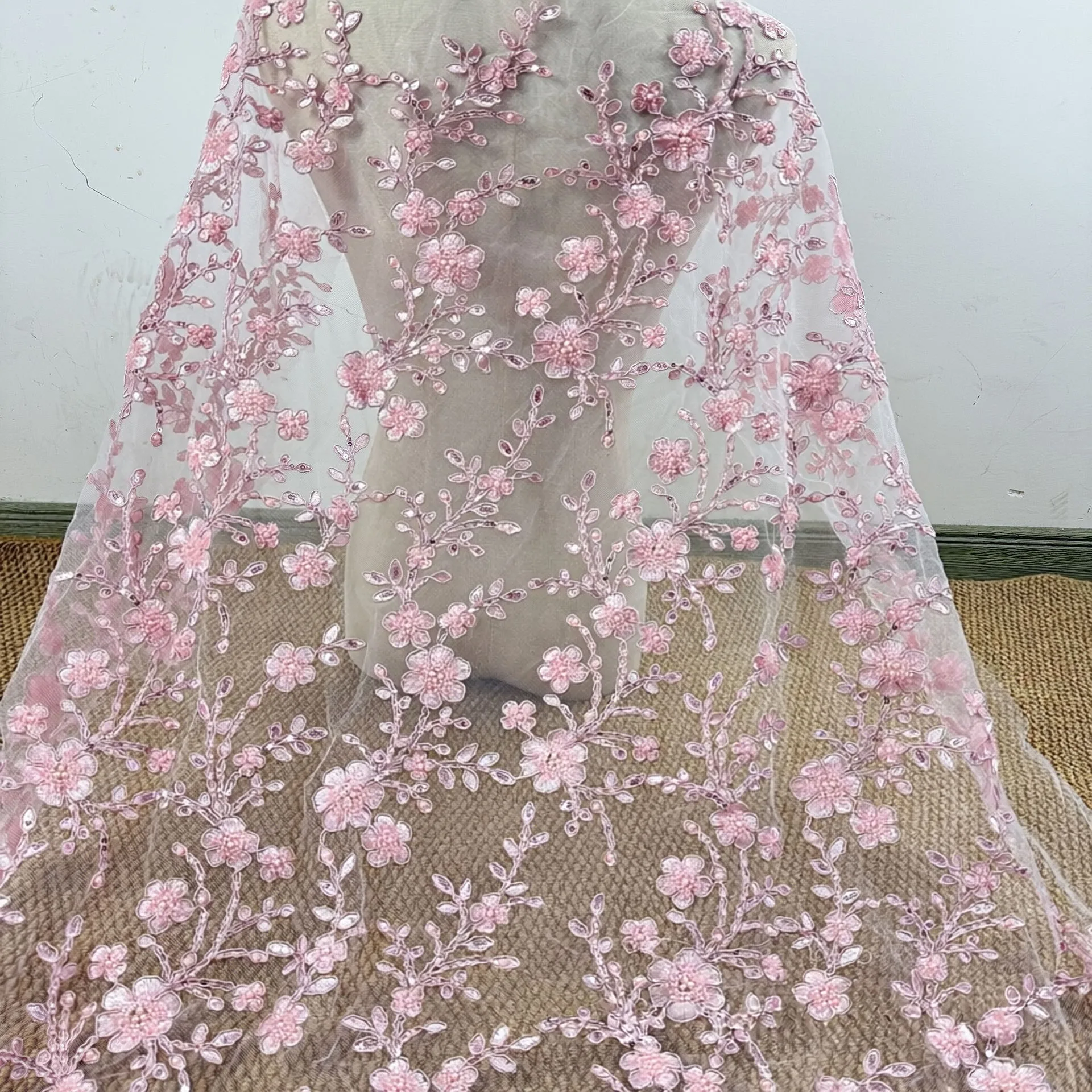 1Meter 140Cm Wide Exquisite Pink Mesh Embroidered Fabric Bugle Beads Lace Material for DIY Wedding Dress & Evening Gown F100